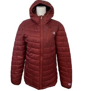 Champion Puffer Jacket Woman Small  Hood Maroon Full Zip Pockets Packable Active